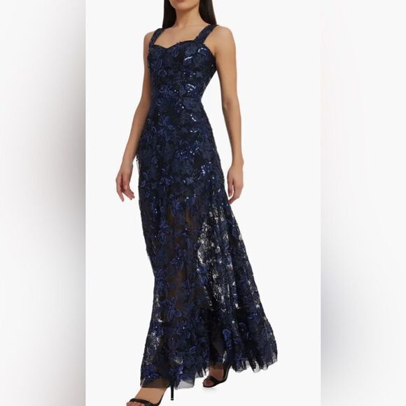 Dress the population anabel floral sequin fit & flare gown navy small new prom - Picture 5 of 16